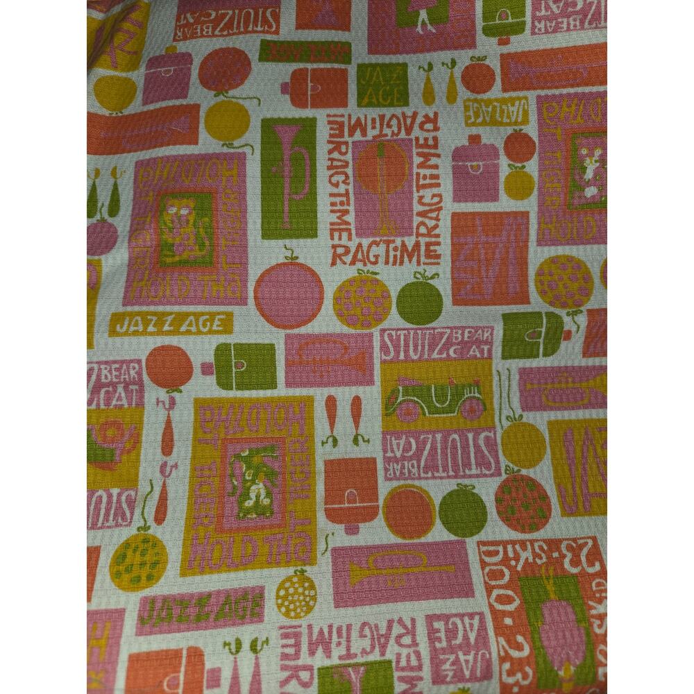 Jazz Theme Fabric Ragtime Jester Pink Yellow 70's Barkcloth? 1.5 Yards